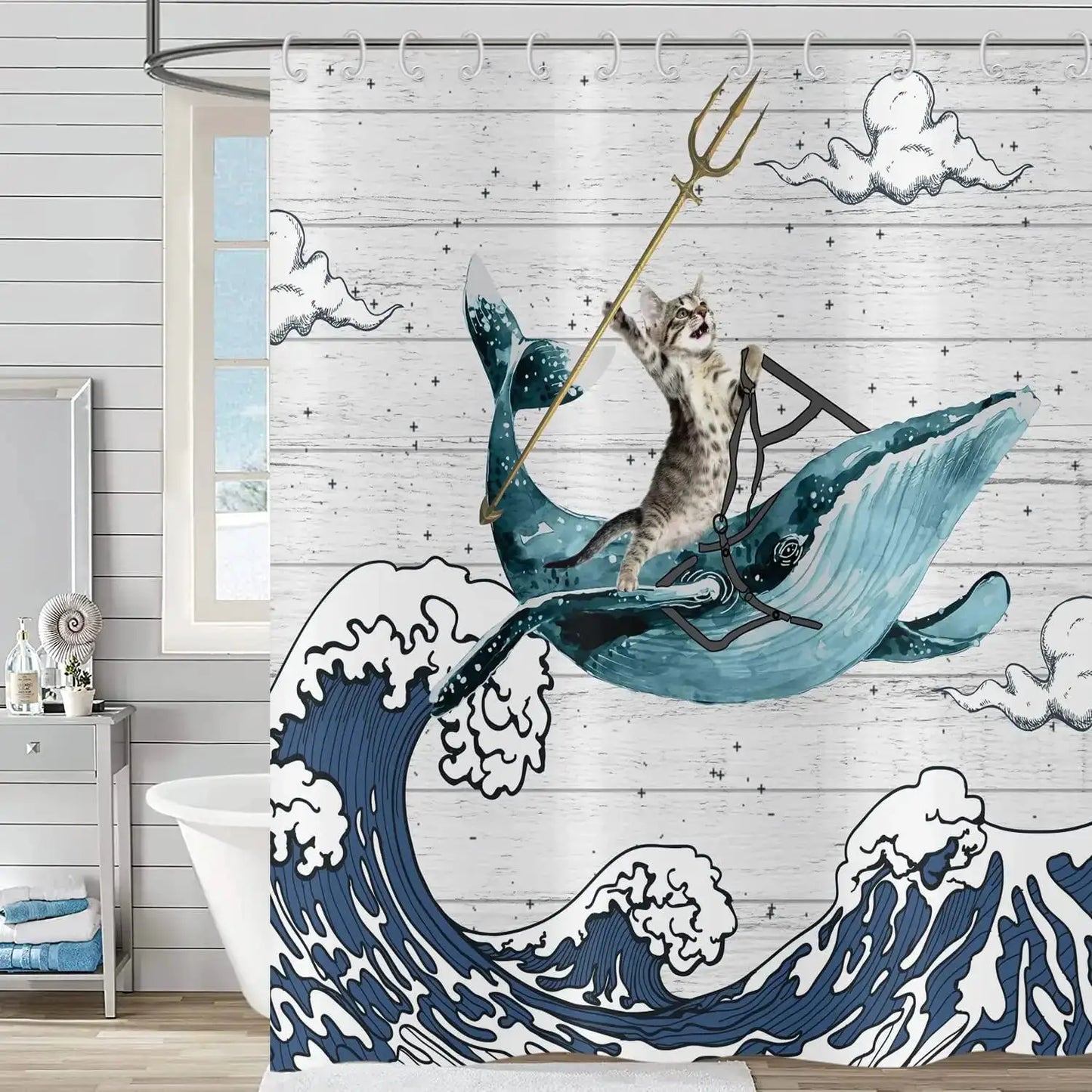 Cute Cat Blue Children Shower Curtain Waterproof Washable Polyester Material Bathroom Decorative Curtain with Hook from PriceLows™