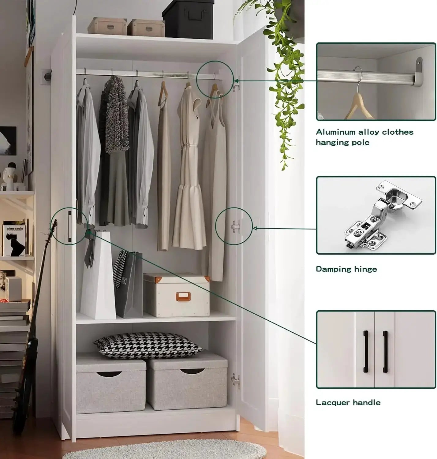White Wood Wardrobe Closet with 2 Doors and 2 Drawers, Freestanding Armoire Storage with Shelves for Hanging Clothes from PriceLows™