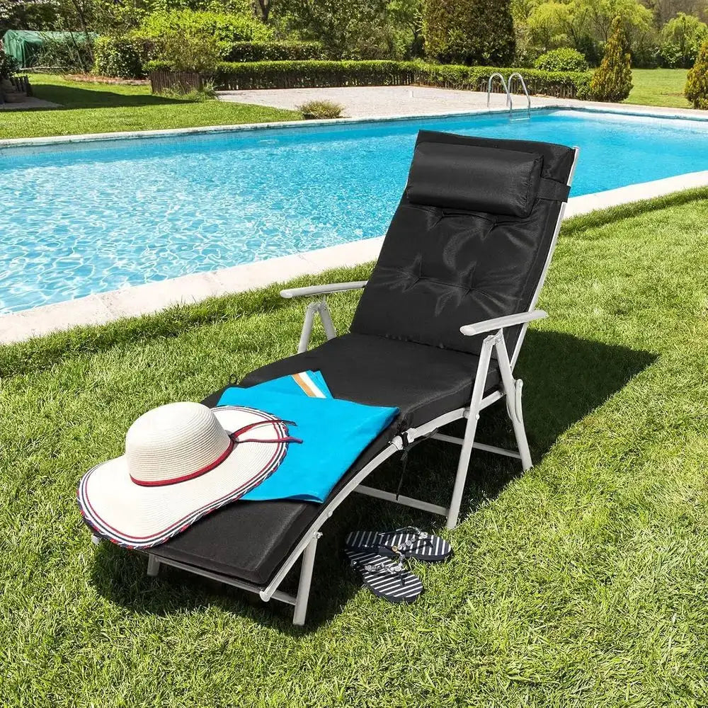 Portable Outdoor Reclining Chaise Lounge Chair with Pillow, 7 Positions, Ideal for Patio, Yard, Poolside - Black from PriceLows™