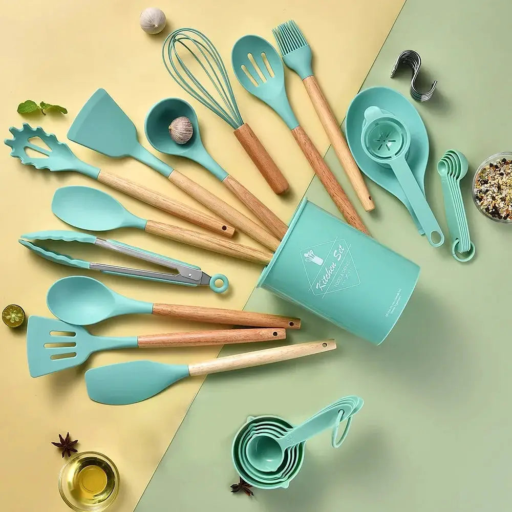 Silicone Kitchen Utensil Set | 34 Piece Collection | Wooden Handles | Black
