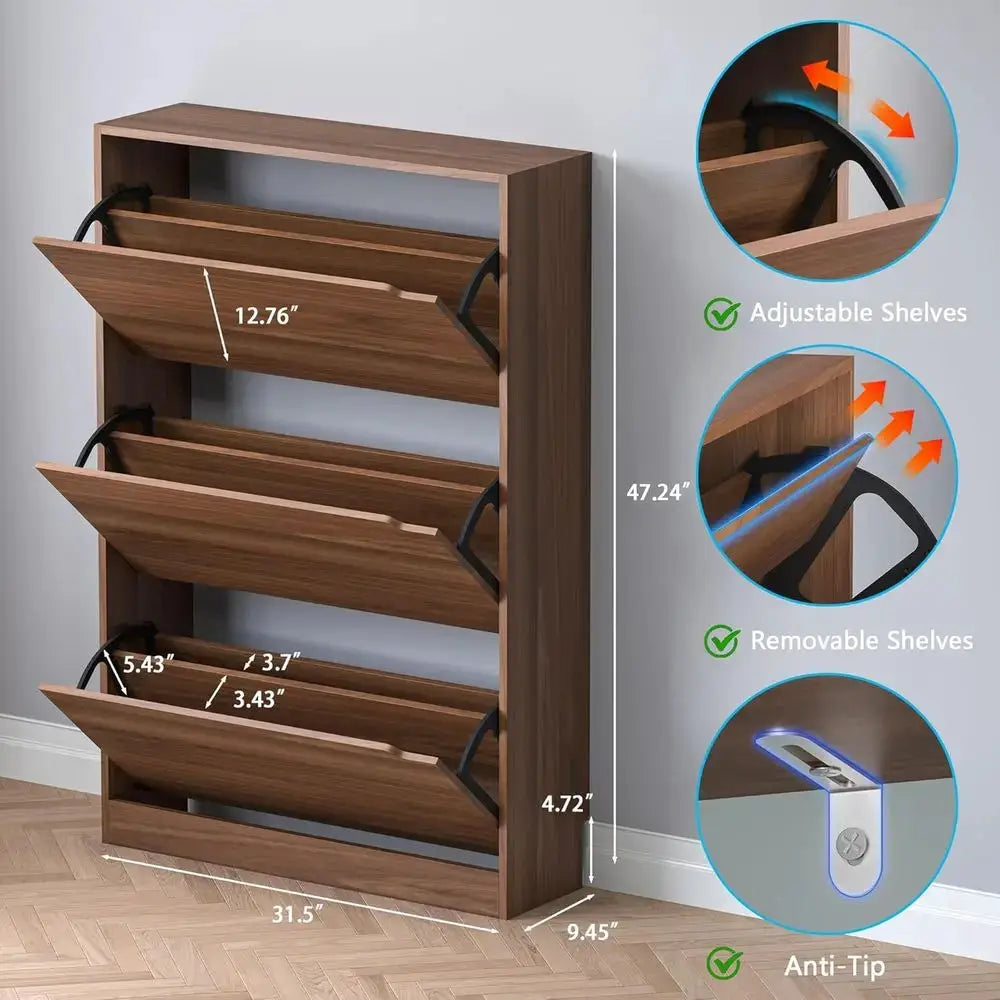 Shoe Cabinet with 3 Flip Drawers, Slim Narrow Shoe Storage Cabinet, Freestanding Shoe Organizer with Adjustable from PriceLows™