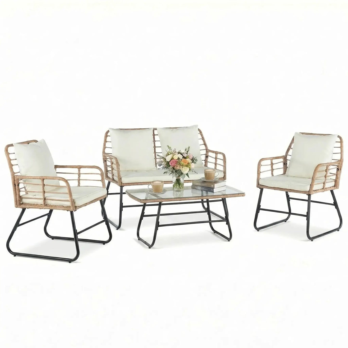 JHK Outdoor Wicker Patio Furniture Set 4 Pieces with Soft Cushion and Glass Table Manual Weaving Patio Chairs For Garden Lawn from PriceLows™