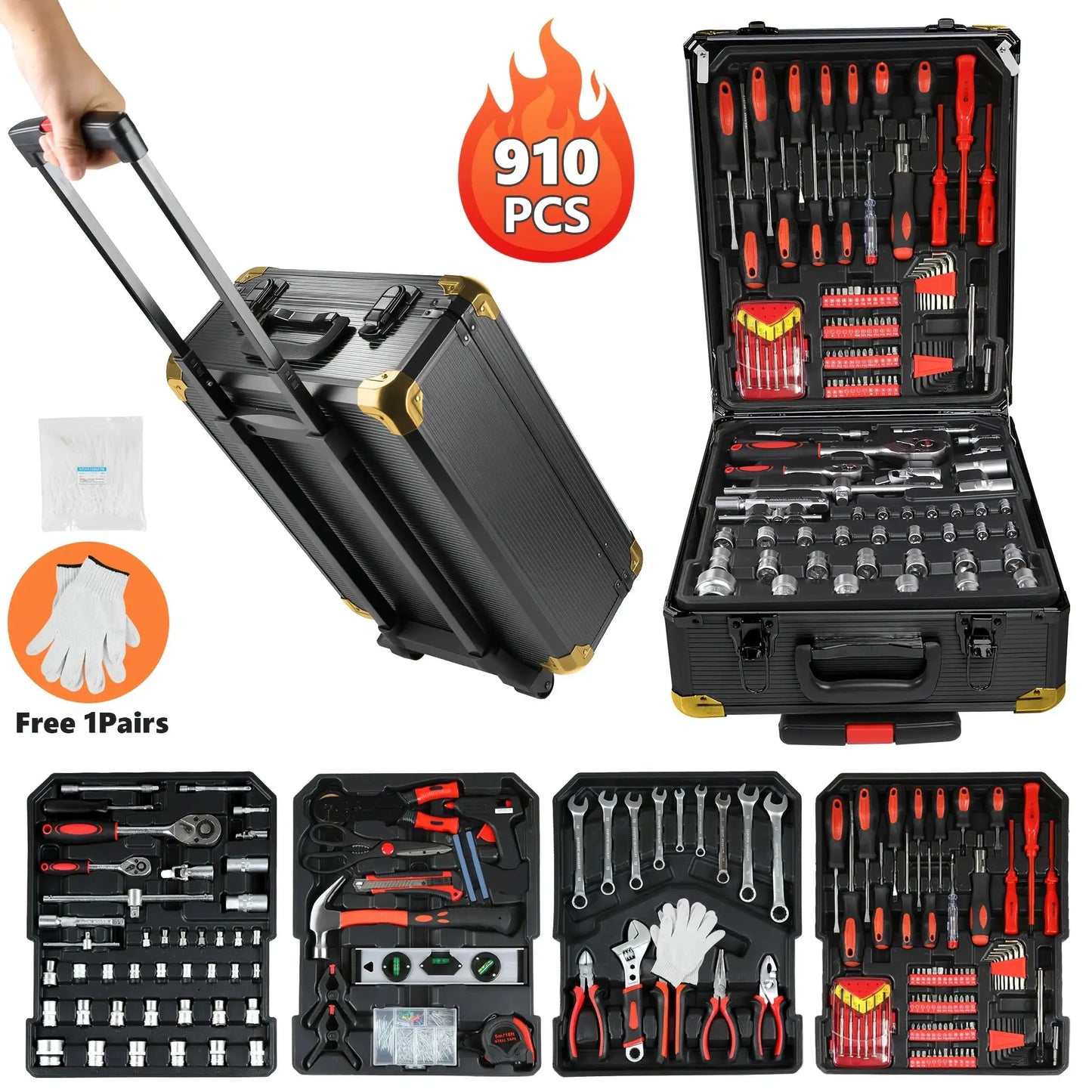 910pcs Aluminum Trolley Case Tool Set with Wheels, Four-Layer Tool Kit with Rolling Tool Box, Portable Toolbox Storage Case with Drawer for Repair Gift On Father's Day Christmas Stuff Valentine's Day Gifts from PriceLows™