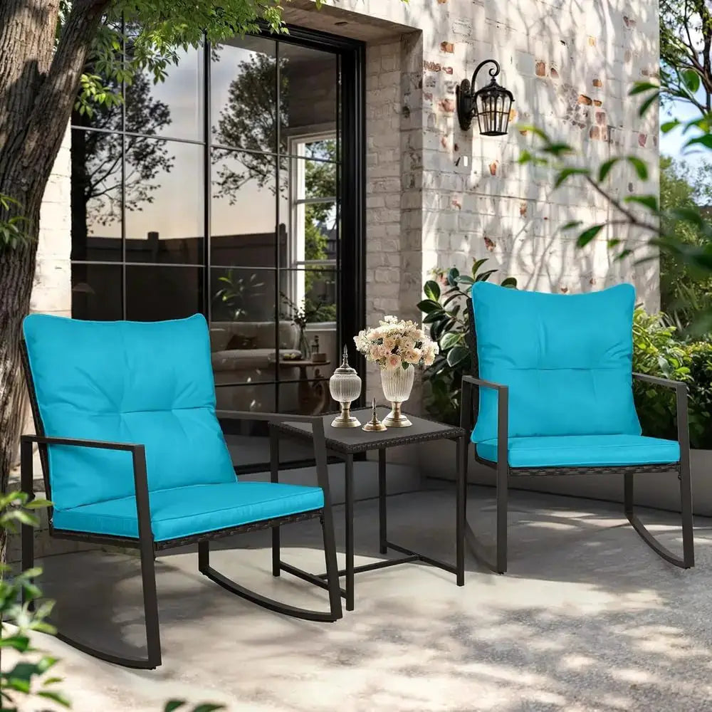 3-Piece Black Wicker Outdoor Rocking Bistro Set with Light Blue Cushions and Glass Coffee Table from PriceLows™