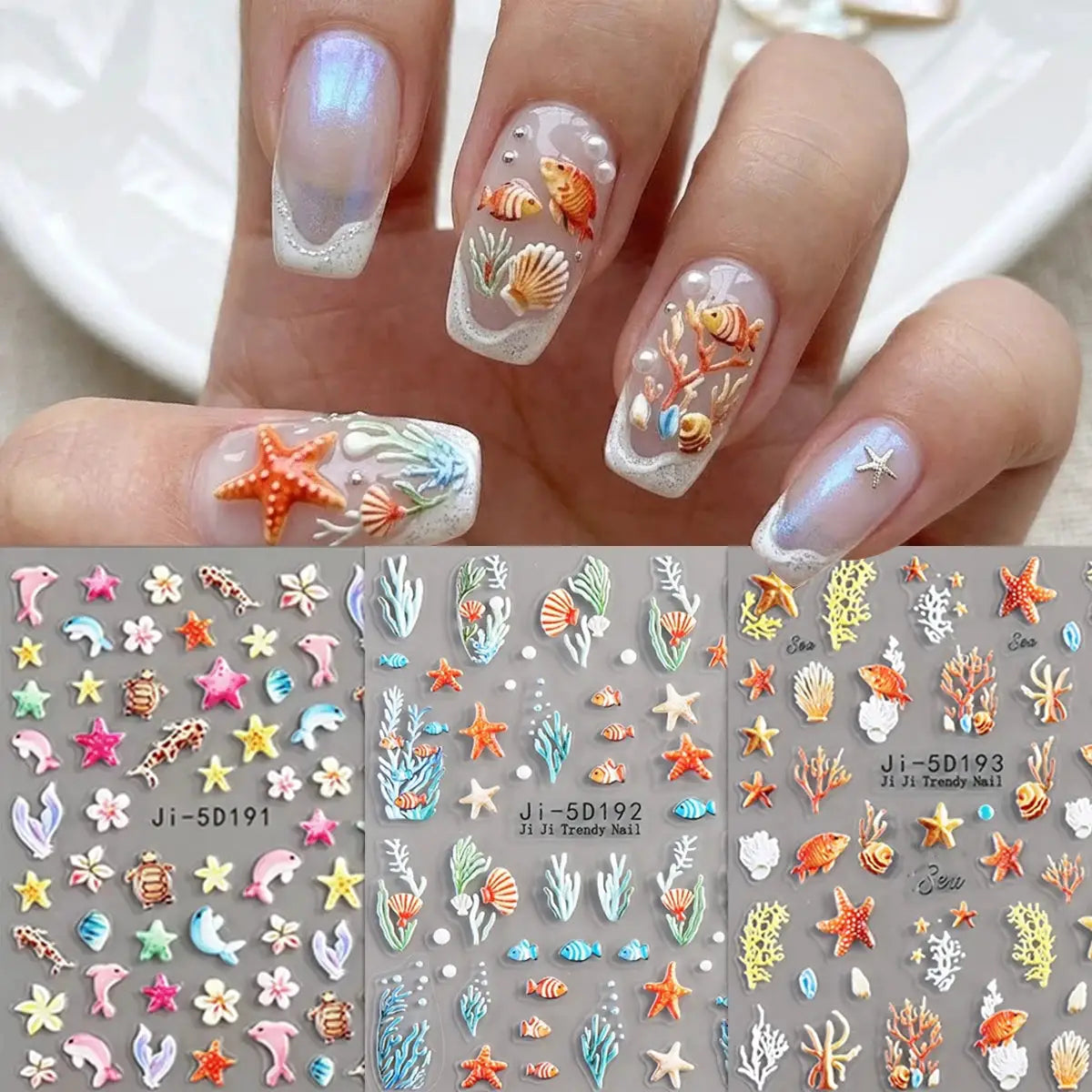 5D Embossed Ocean Nail Stickers Blue Orange Starfish Shell Coral Decals for Summer Beach Vacation Party Music Festival DIY Art from PriceLows™