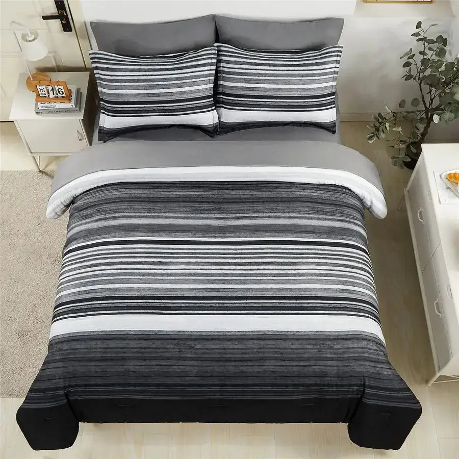 7 Piece Bed in a Bag Stripe Comforter Set Queen Size, White Grey Black Patchwork Striped Comforter and Sheet Set, All Season Sof from PriceLows™