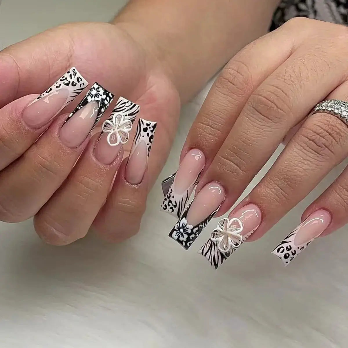 Press On Nails | Resin Coffin Shape | French Floral Print | 24 Pieces