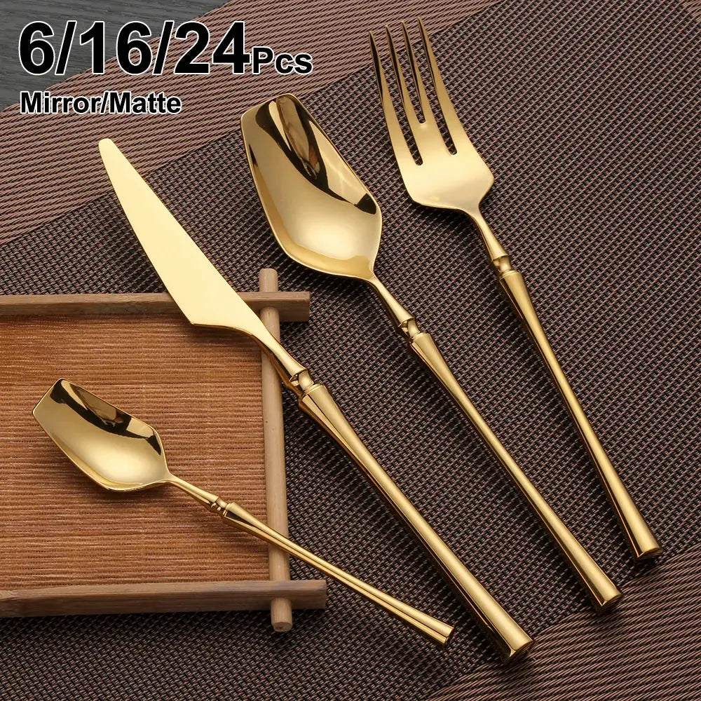 6/16/24Pcs Gold Tableware Stainless Steel 304 Cutlery Matte Dinner Set Western Knife Fork Spoon Mirror Elegant Flatware from PriceLows™