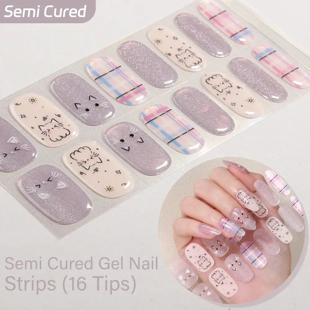 16strips Cartoon UV/LED Semi Cured Gel Nail Strips Pink Glitter Cat Eye Self-Adhesive Gel Nail Wraps Full Cover UV Nail Sticker from PriceLows™