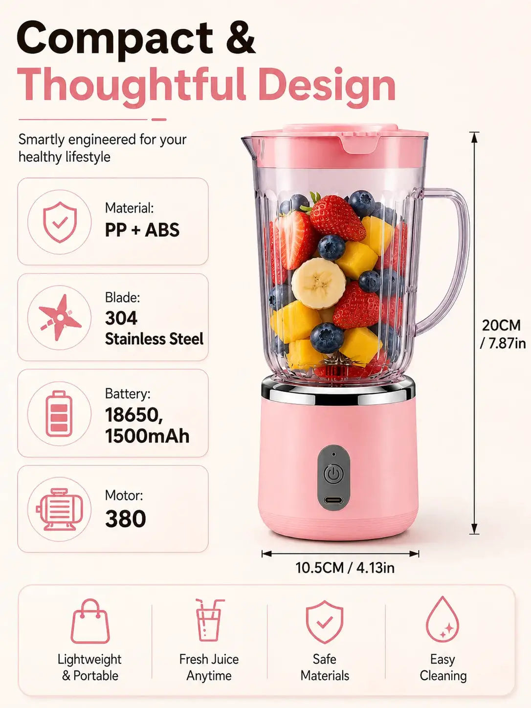 Compact 20cm Mini Portable Blender 800ml Large Capacity USB Charging 304 Steel Blade Smoothie Juicer Cup Easy To Clean from PriceLows™