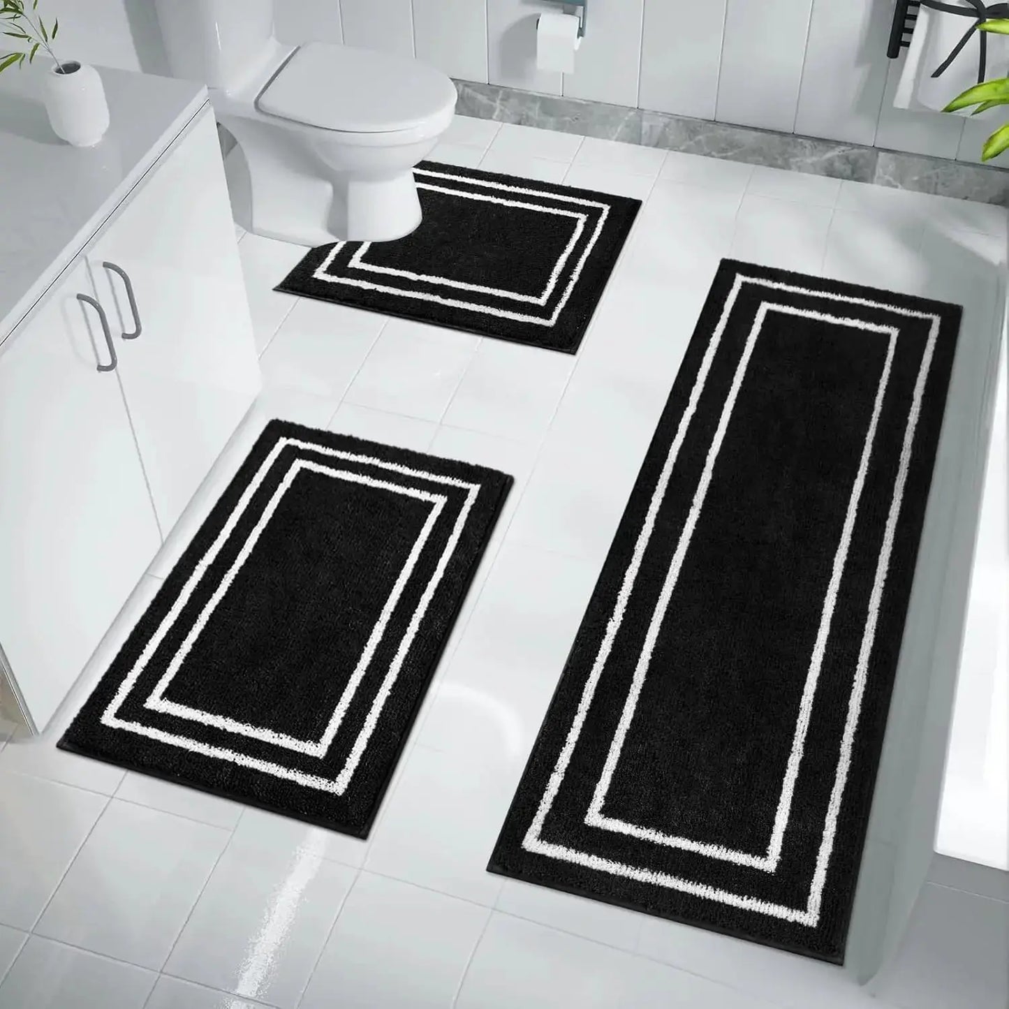 3-Piece Black Bathroom Mat Set, Non-Slip, Machine Washable, Soft Shaggy Microfiber Absorbent Bath Mat Set with U Shaped from PriceLows™