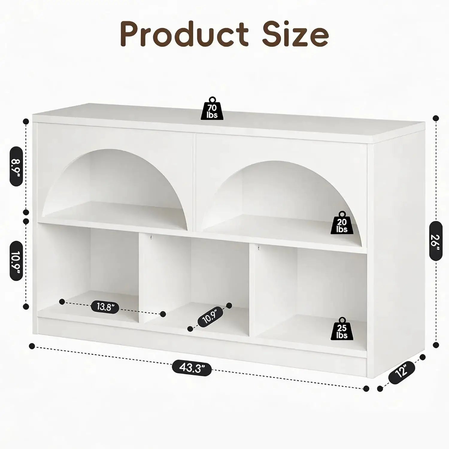 2-Shelf Arched Bookcase, Wooden Toy Storage Organizer, 5-Section Kids Bookshelf for Playroom, Nursery, White from PriceLows™