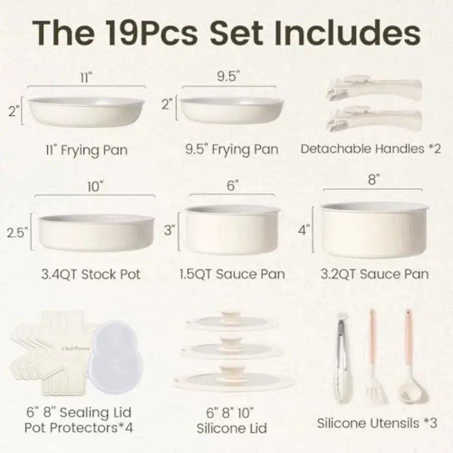 Ceramic Nonstick Pots and Pans Set 19 Piece with Detachable Handle, Induction Dishwasher Oven Safe Cookware Set, RV Kitchen Set from PriceLows™