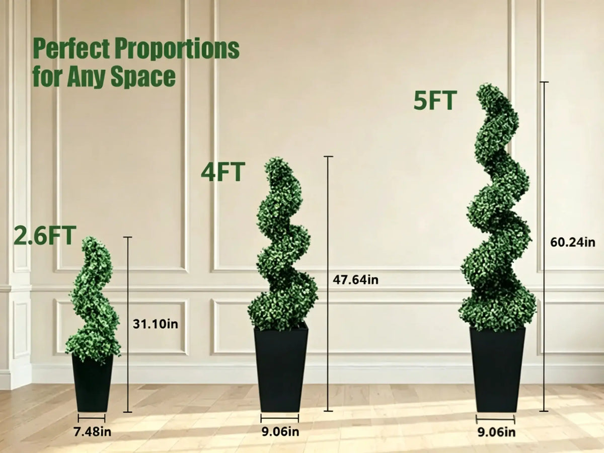 Artificial Boxwood Spiral Topiary | 2 Piece Set | With Planter | 2.6Ft-5.2Ft