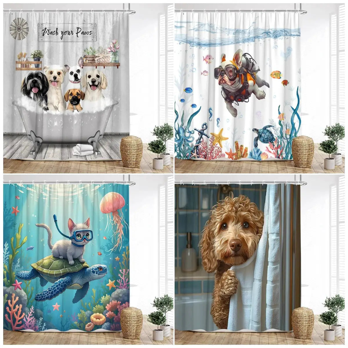 Funny Diving Cat Dog Shower Curtain Cute Cartoon Bathing Animals Sea Turtle Underwater Scenery Kids Bathroom Curtains Decor Set from PriceLows™