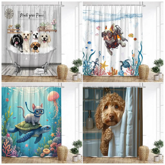 Funny Diving Cat Dog Shower Curtain Cute Cartoon Bathing Animals Sea Turtle Underwater Scenery Kids Bathroom Curtains Decor Set from PriceLows™