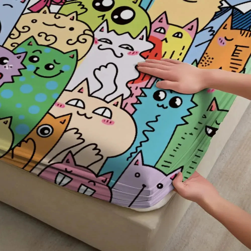 1pc Colorful Cartoon Cat Doodle Print Fitted Sheet Deep Pocket Elastic Mattress Cover Single Double Queen King Bedroom Decor from PriceLows™