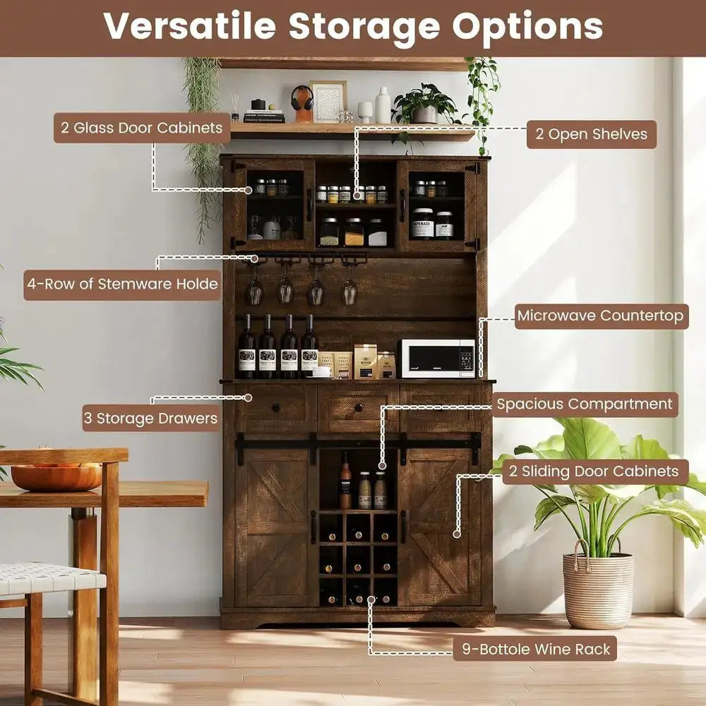 72 Coffee Bar Cabinet with Glass Doors & Wine Racks, Tall Pantry with Drawers and Sliding Barn Doors, Brown from PriceLows™