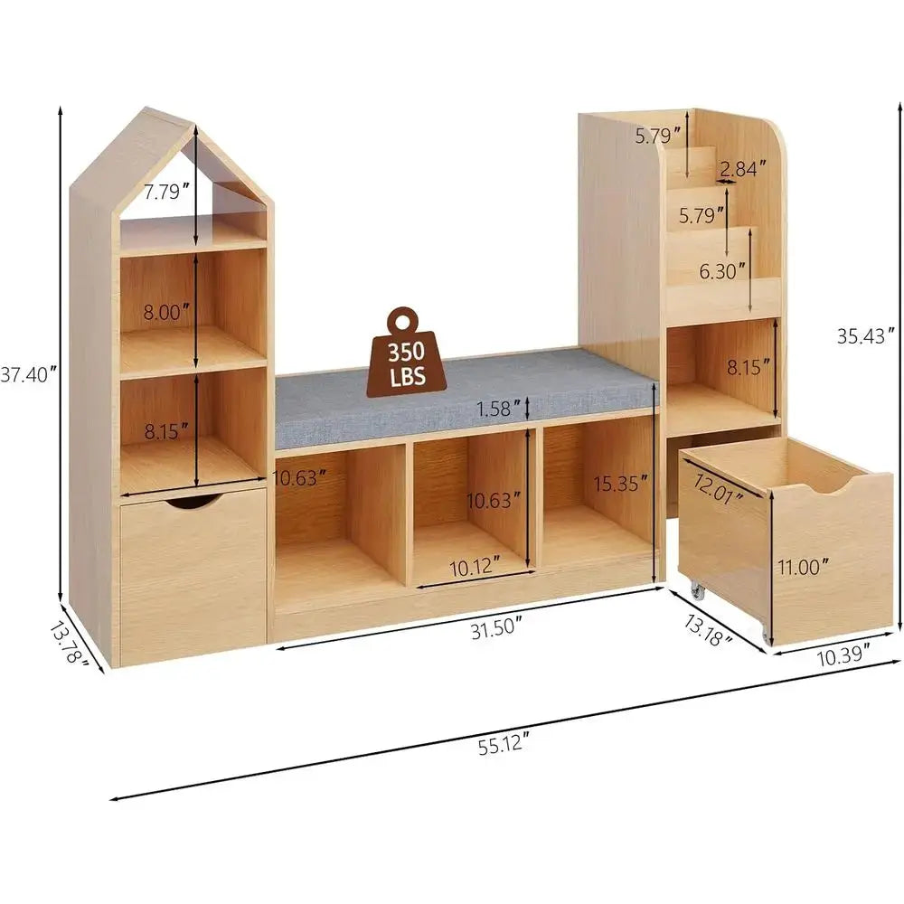 Children's Oak Bookcase with Reading Nook, 7 Storage Shelves & 2 Movable Desks, Storage for Cushions or Toys from PriceLows™