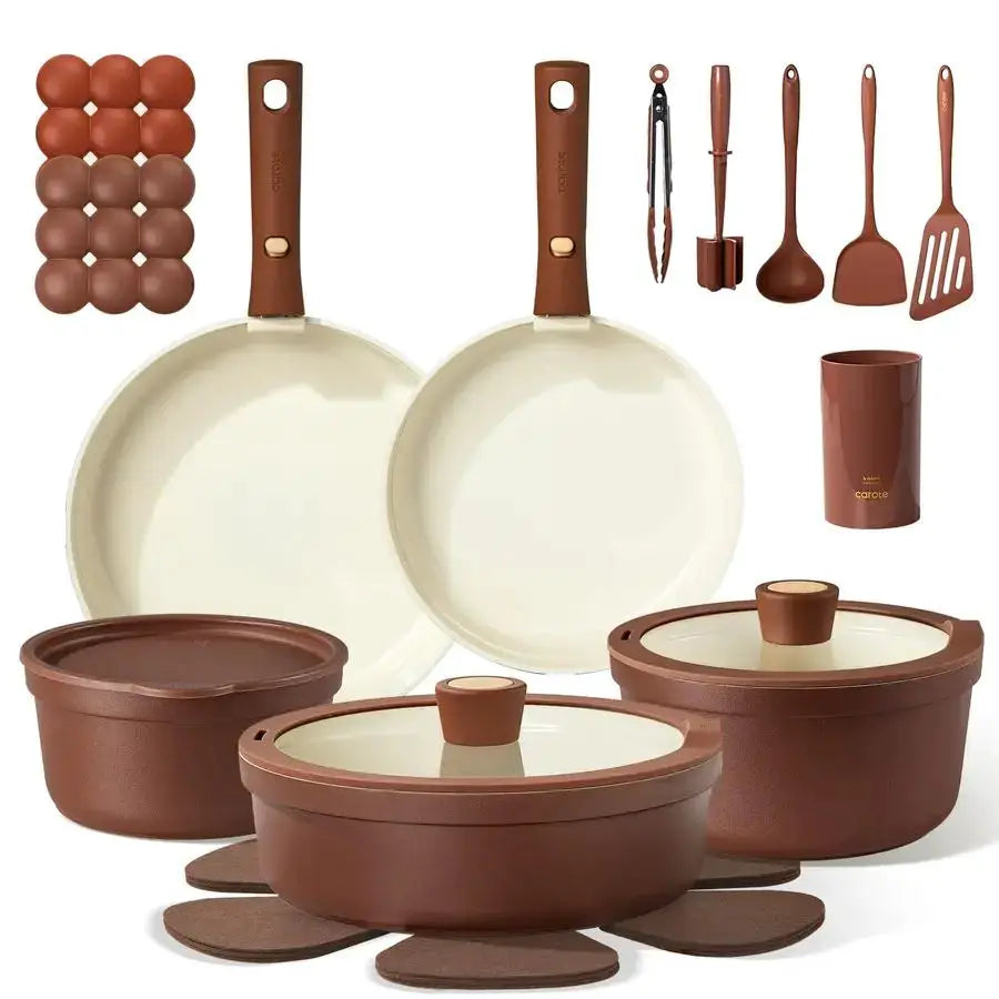 22Pcs Ceramic Cookware Set with Kitchen Essentials, Detachable Pots and Pans Set Non Stick, Non Toxic Oven Dishwasher Safe, Indu from PriceLows™