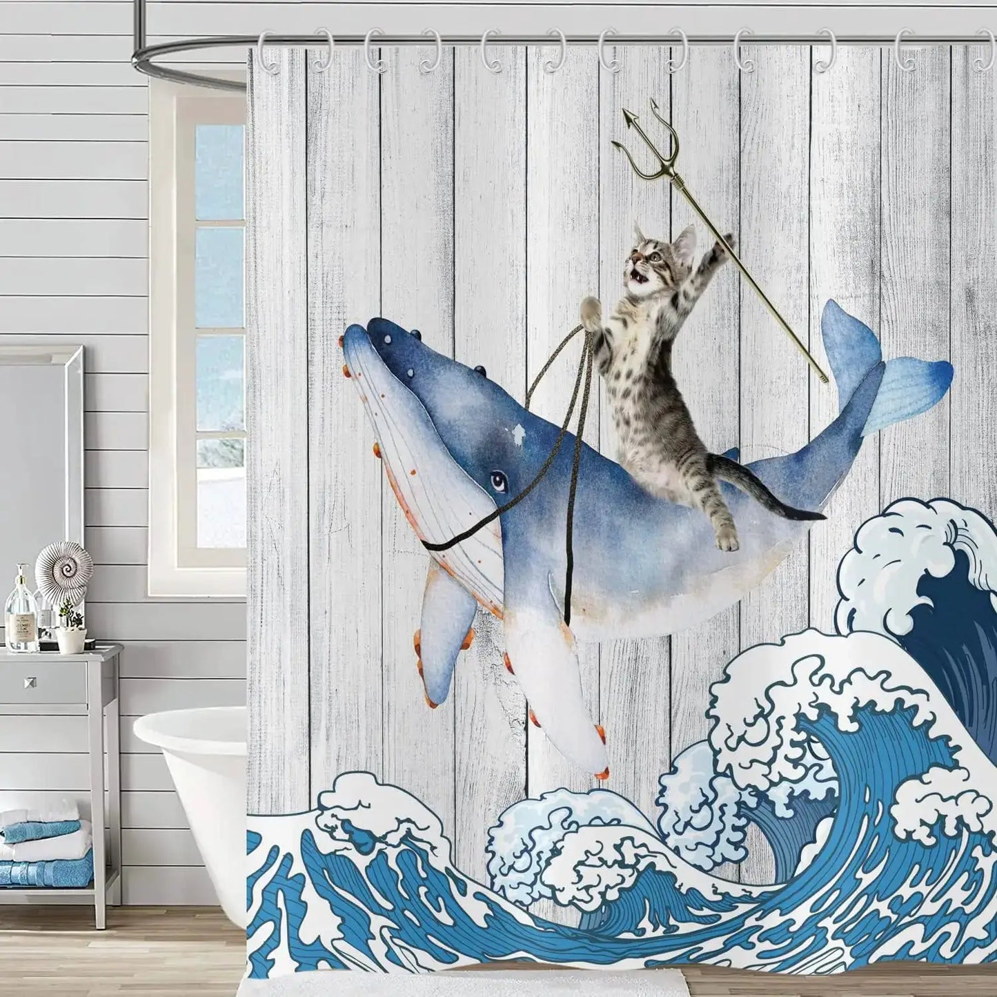 Cute Cat Blue Children Shower Curtain Waterproof Washable Polyester Material Bathroom Decorative Curtain with Hook from PriceLows™