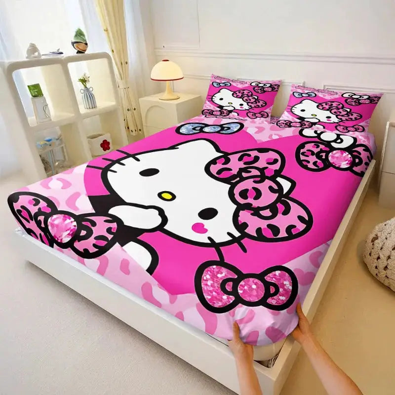 3Pcs Hello Kitty Fitted Sheet Set Purple Glitter Print with Pillowcases Cute Cartoon Fitted Sheet Set for Girls Bedroom Decor from PriceLows™