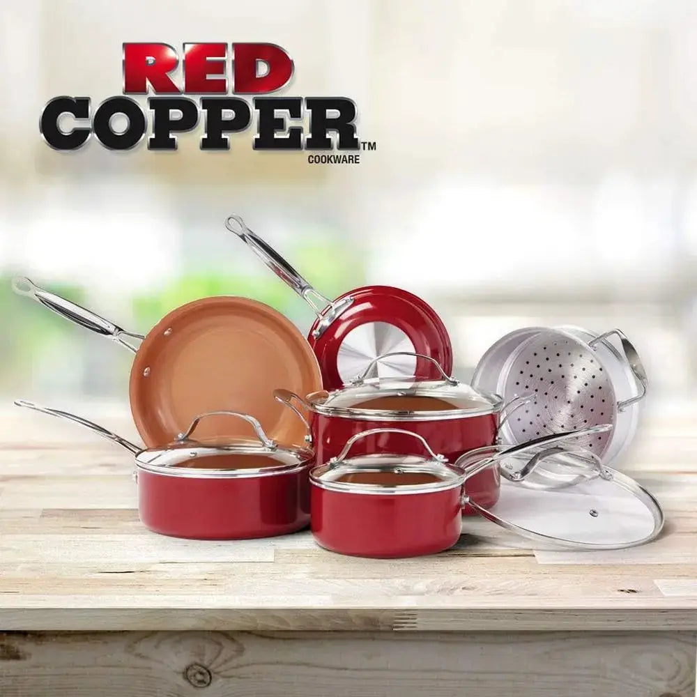 10 Pcs Red Copper Cookware Set Copper-Infused Ceramic Non-Stick Pots Pans Kitchen Cooking Tools from PriceLows™