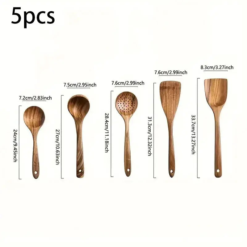 5pcs Wooden Utensil Set with Hanging Holes, Food Grade Spoons and Spatula 24-33.7cm, Non-Toxic Smooth Kitchen Tools for Cooking from PriceLows™
