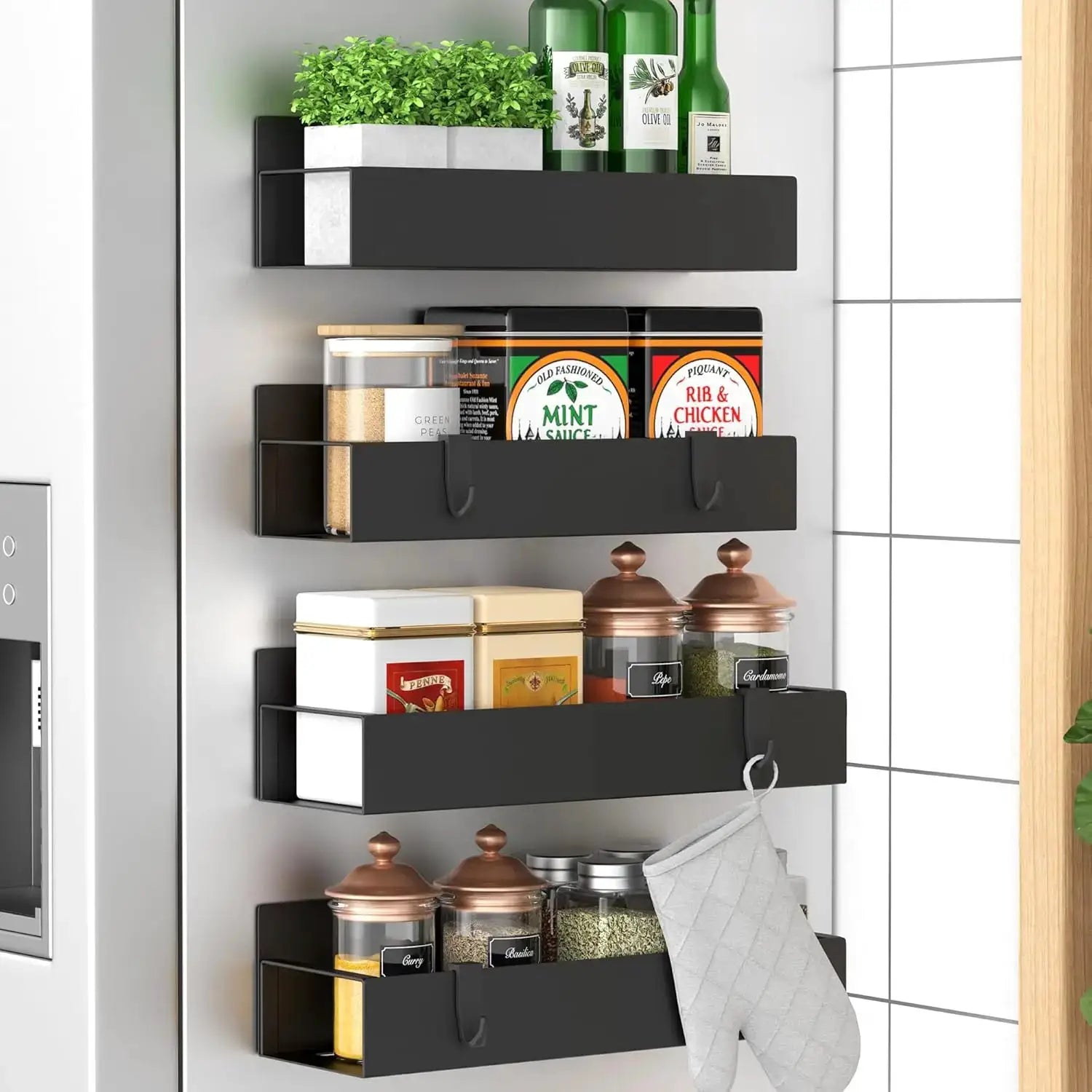 4 Pack Magnetic Spice Rack for Fridge and Oven, Heavy Duty Black Metal Storage Organizer from PriceLows™
