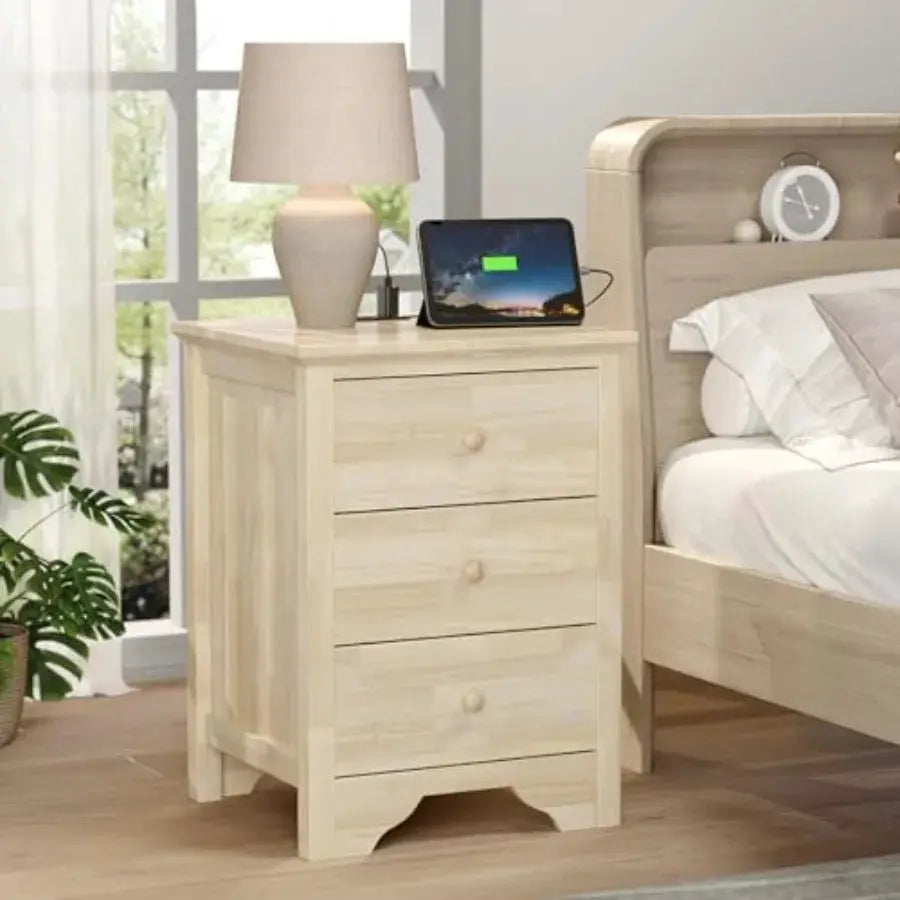 Unfinished Solid Wood Nightstand 18.54 W with Charging Station and Drawers Natural Wood Bed Side Table for Bedroom DIY Color Cu from PriceLows™
