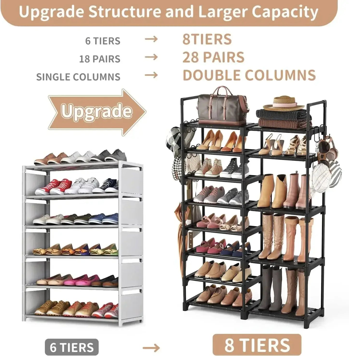 8-Tier Metal Shoe Rack Organizer, 26-32 Pairs Large Capacity Storage, Stackable Shoe Stand with 15 Hooks for Closet Entryway from PriceLows™