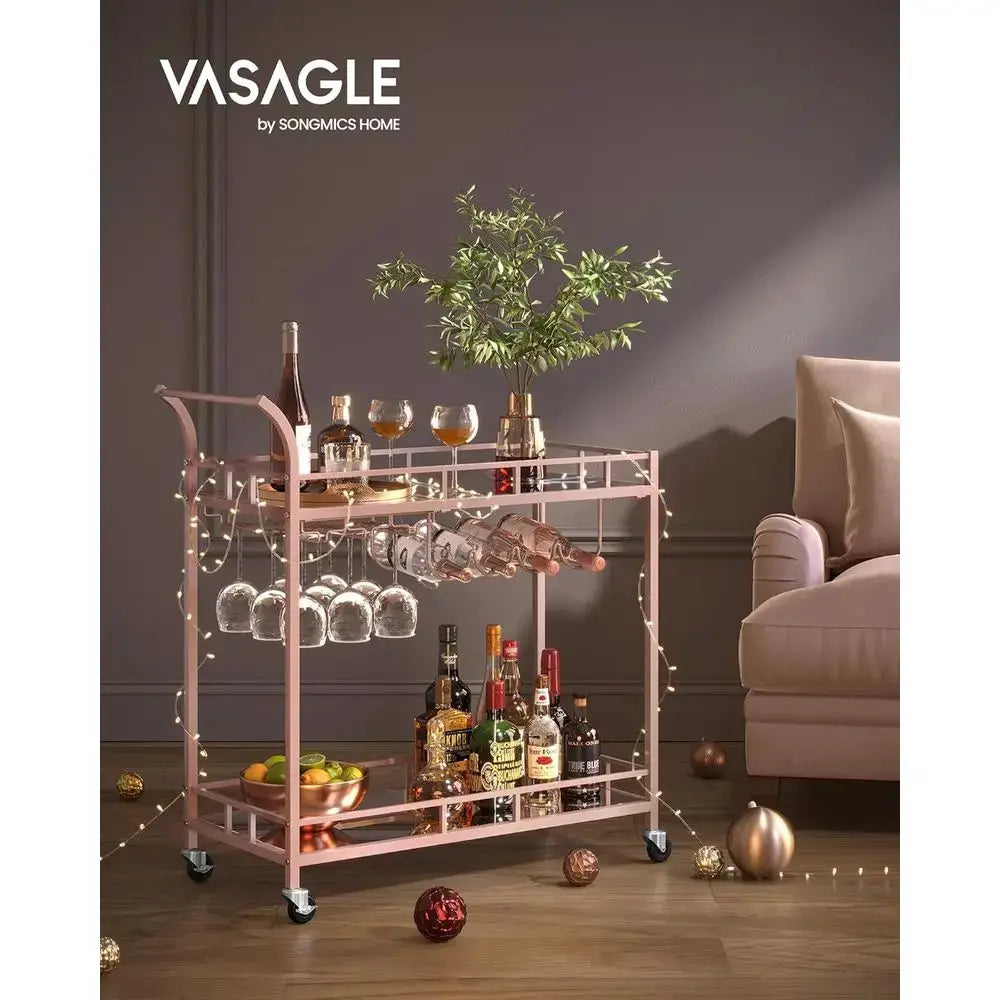 Rose Gold Home Bar Cart with 2 Mirrored Shelves, Wine & Glass Holders for Kitchen or Dining Room from PriceLows™