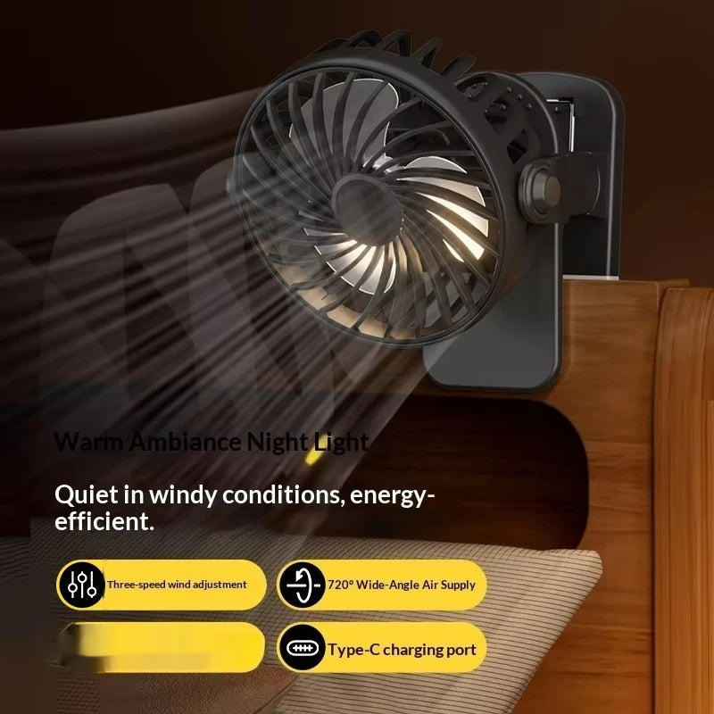 Portable Clip Fan | Rotates 720 Degrees | Night Light | Rechargeable 4W 5V