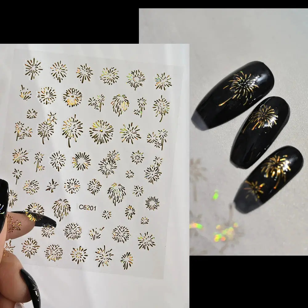 1PC Laser Fire work Nail Stickers 3D Self-Adhesive Blooming Fire-work Nail Decals New Year Firework Design Nail Slider 10*8cm from PriceLows™
