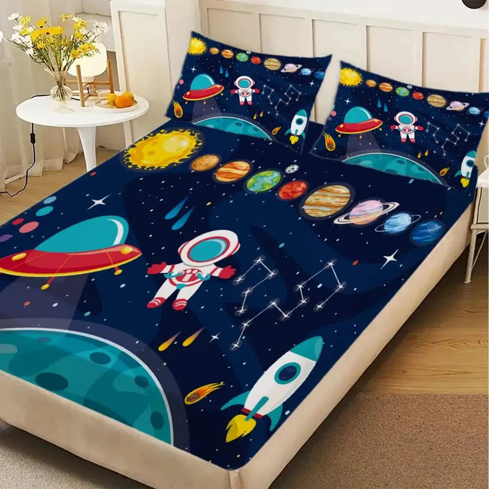 1pc Cartoon Space Astronaut Print Fitted Sheet Deep Pocket Elastic Mattress Cover Single Double Queen King Bedroom Decor from PriceLows™