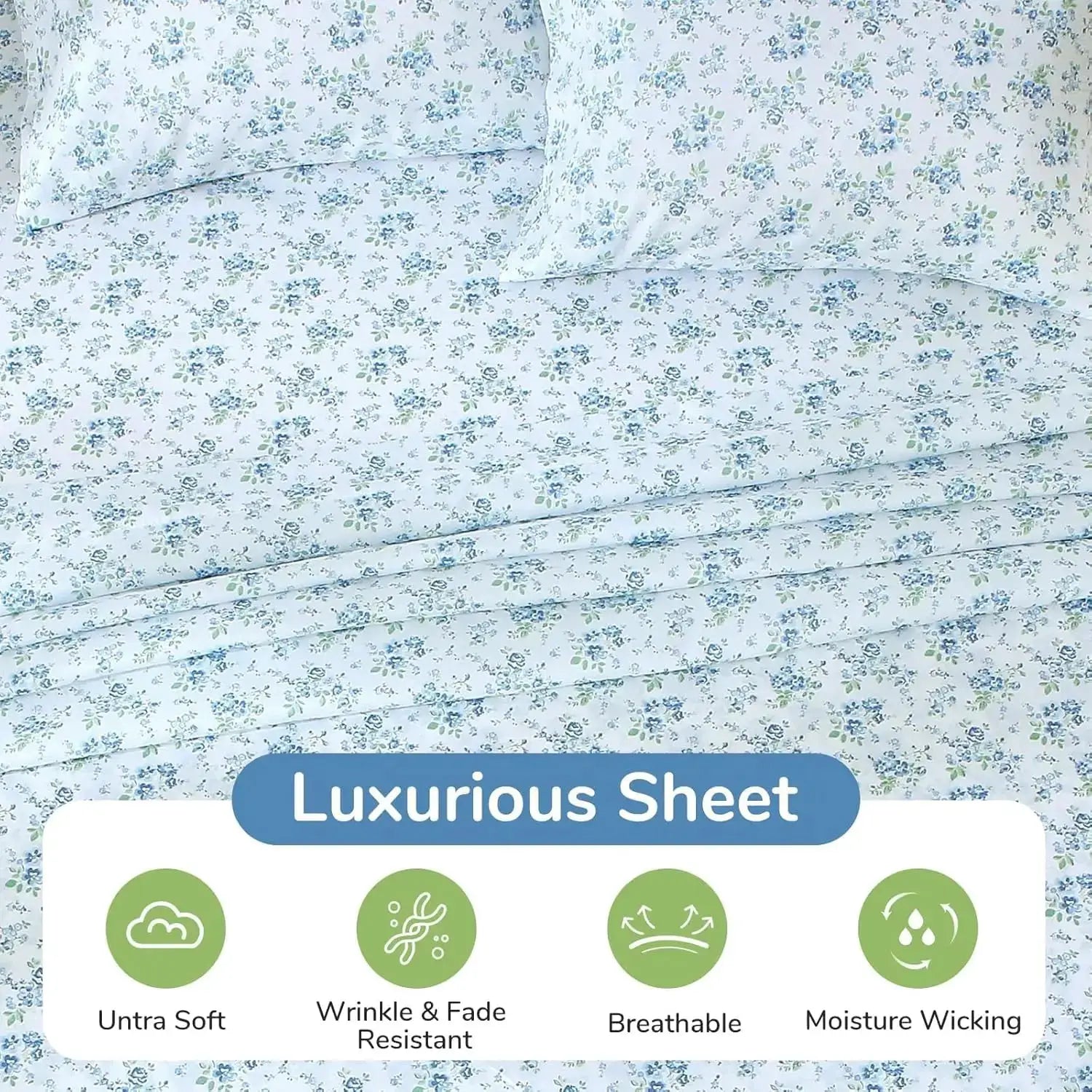 Queen Size 4-Piece Sheet Set, Soft Breathable Bedding with Deep Pocket Up to 16", Wrinkle-Free & Cooling - Blossoms Light Blue from PriceLows™