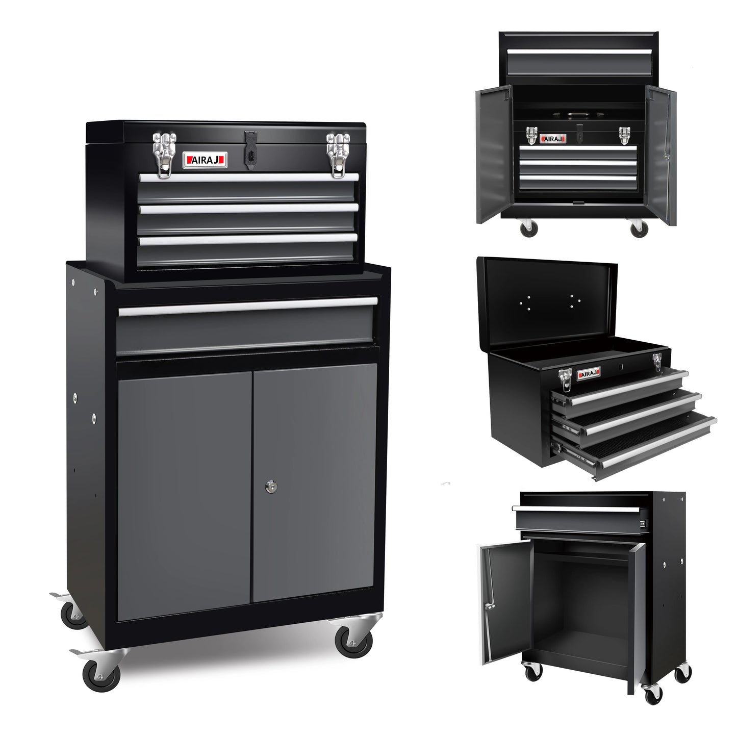 Double door four drawer rolling tool chest, lockable detachable top large tool cabinet, padded metal toolbox from PriceLows™