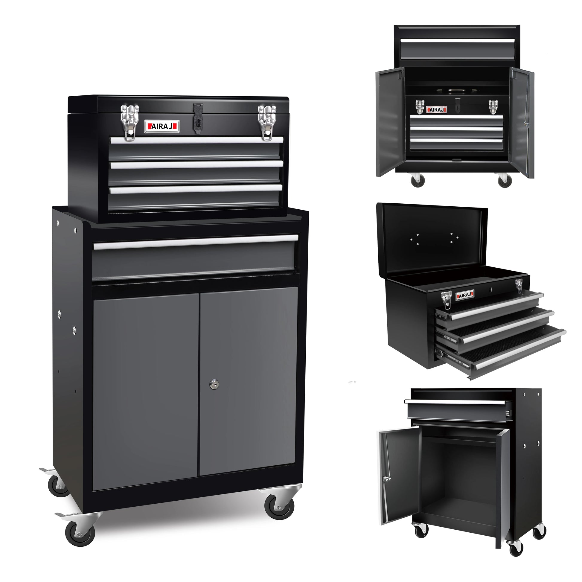 Double door four drawer rolling tool chest, lockable detachable top large tool cabinet, padded metal toolbox from PriceLows™