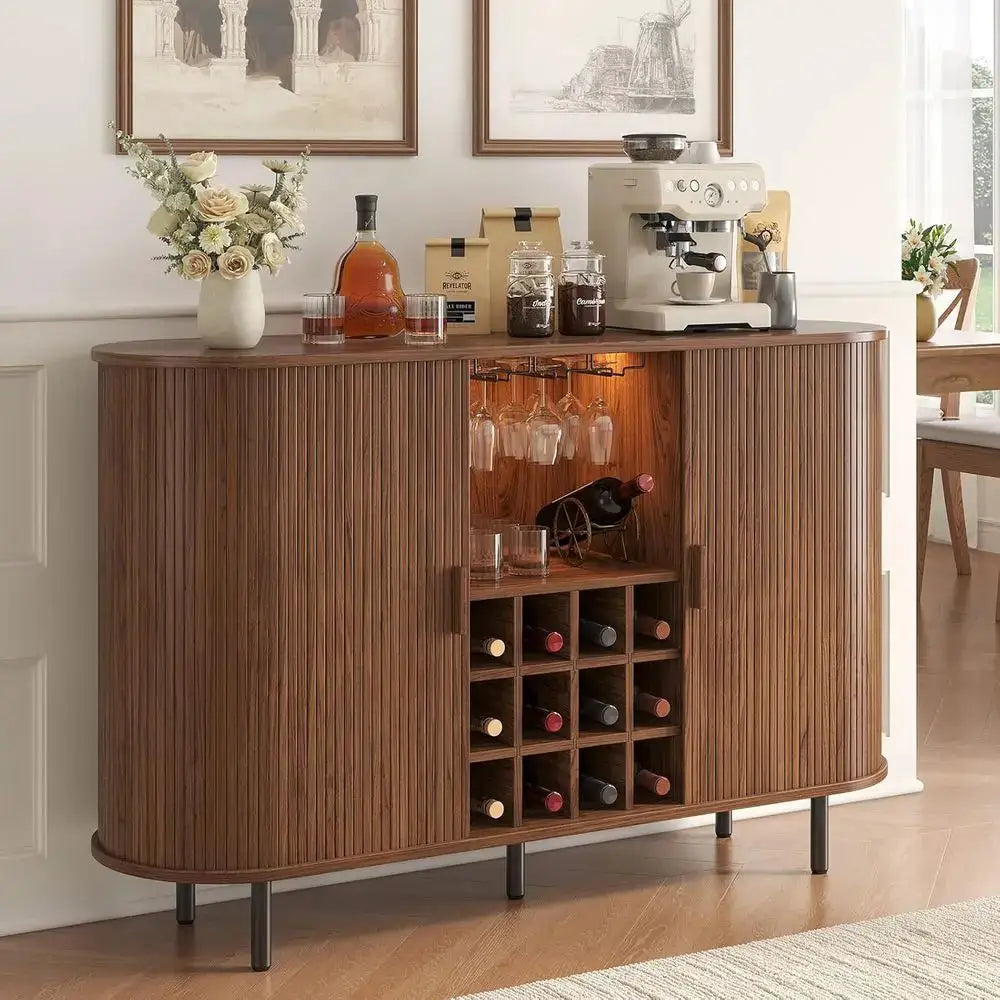 55 Walnut Modern Wine & Liquor Cabinet with LED Lighting, Storage, and Charging Station from PriceLows™