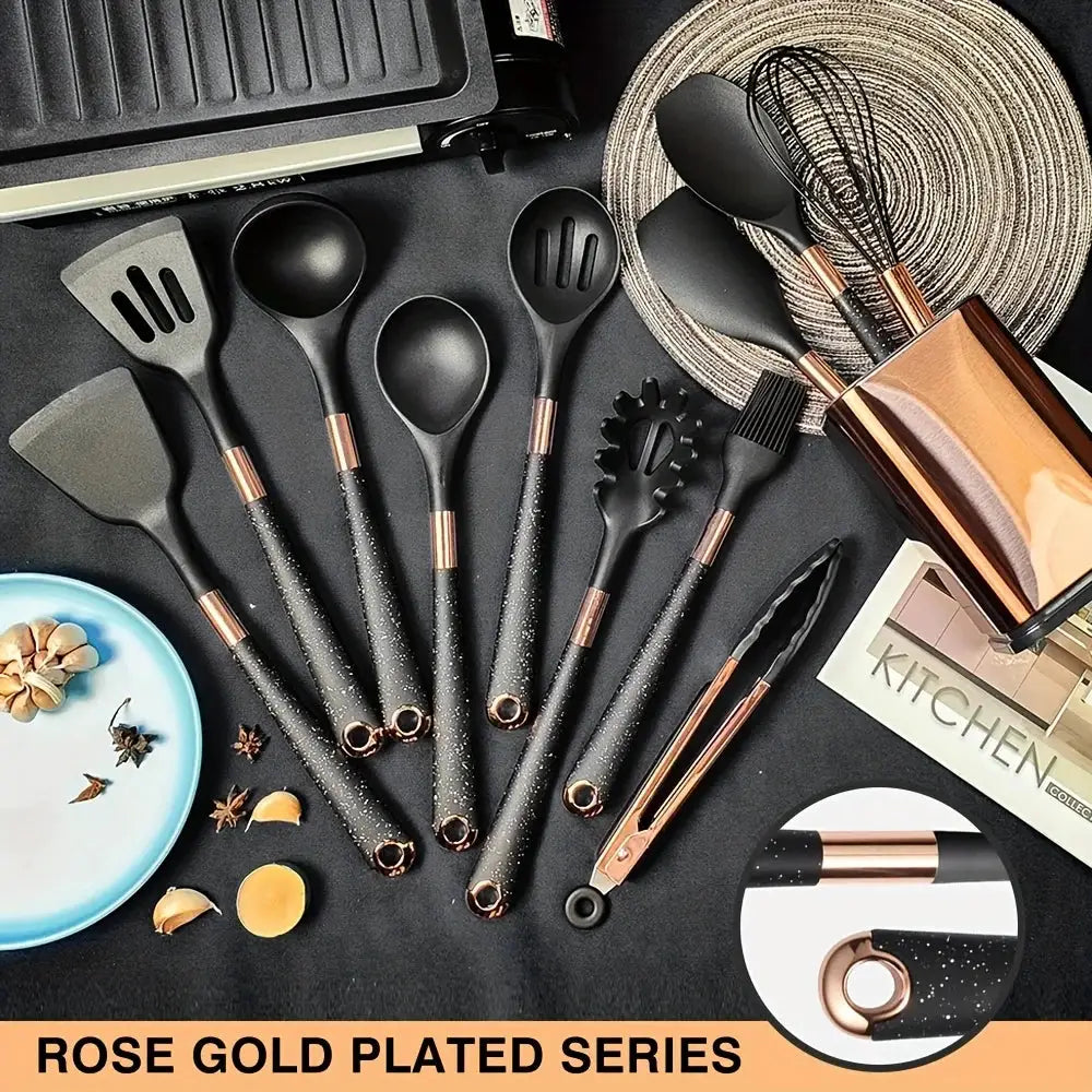 5-13pc Non-Stick Kitchen Silicone Utensil Set - Upgrade Your Kitchen with Gold-Plated Handles Cooking Tools Spatula Spoon Kit from PriceLows™