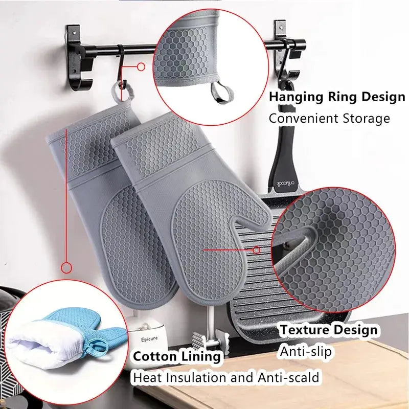 Silicone Oven Mitts Set | Heat Resistant | Soft Cotton Lining | One Size