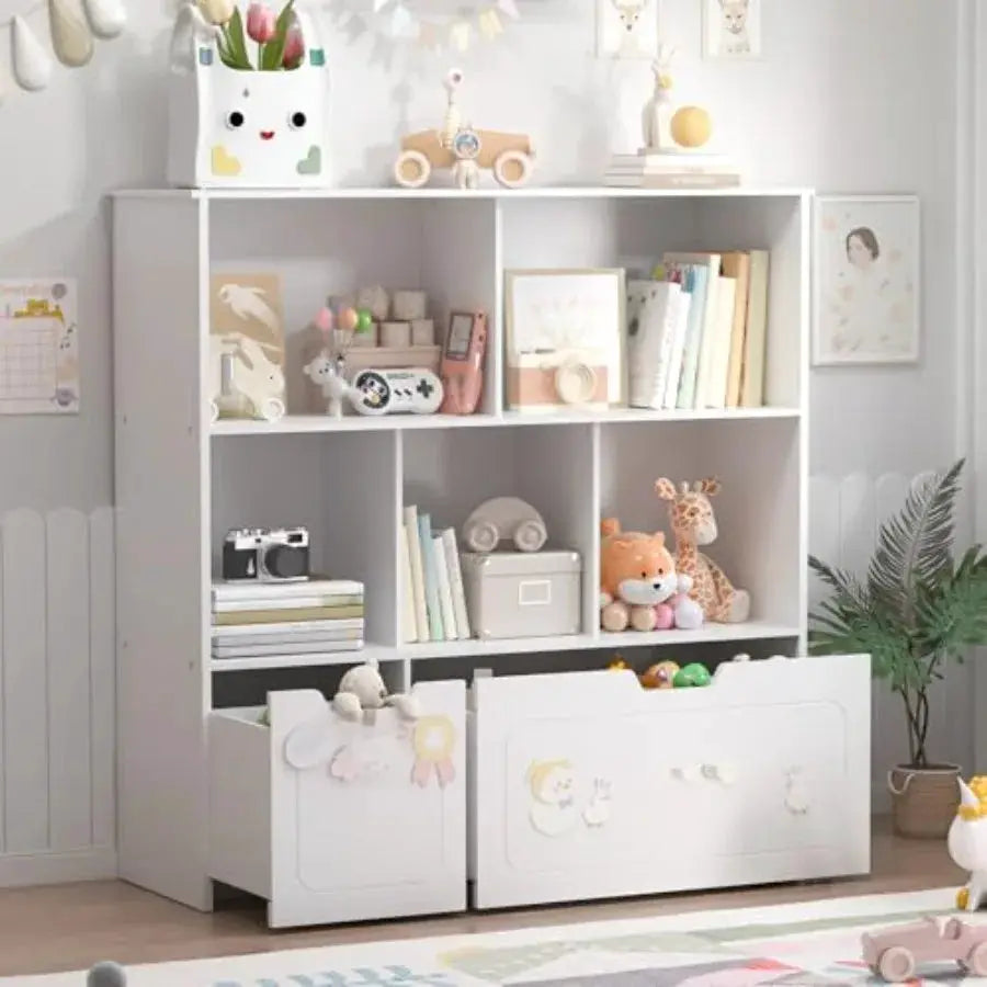 Toy Storage Organizer with 2 Movable Drawers 3-Shelf Bookcase 's Toy Chest Cabinet for Playroom Bedroom Daycare Nursery School from PriceLows™