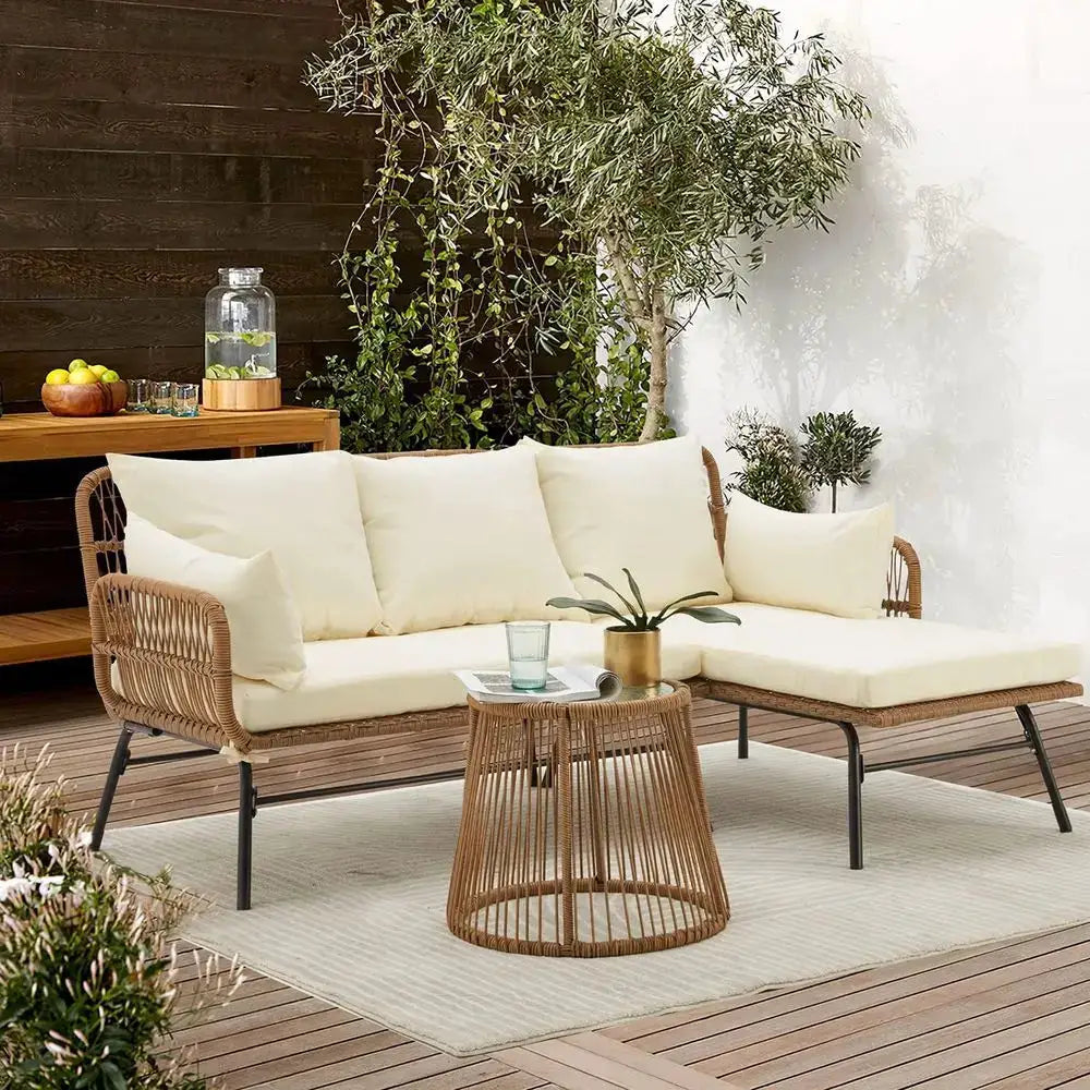 White Outdoor 3-Piece L-Shaped Sectional Sofa Set with Cushions and Glass Table for Patio, Balcony, or Garden from PriceLows™