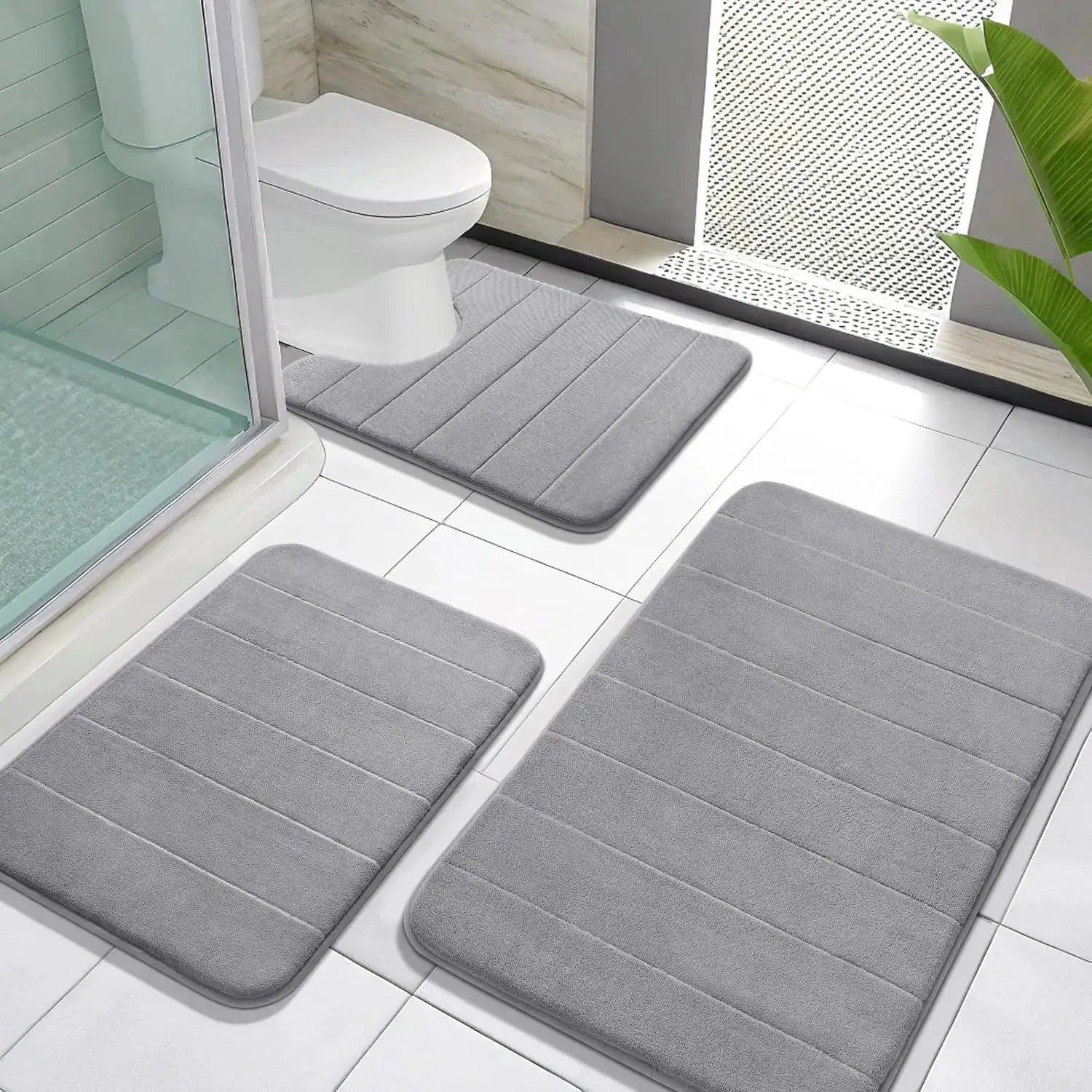 Memory Foam Bath Mat Set 3 Pieces - Super Soft Absorbent Quick Dry Non Slip Bathroom Rug for Tub Shower Vanity Toilet Base Gray from PriceLows™