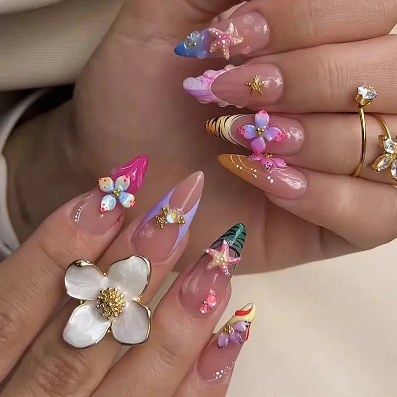 Almond Press On Nails | Acrylic Finish | Pearl Flower Design | 24 Piece Set