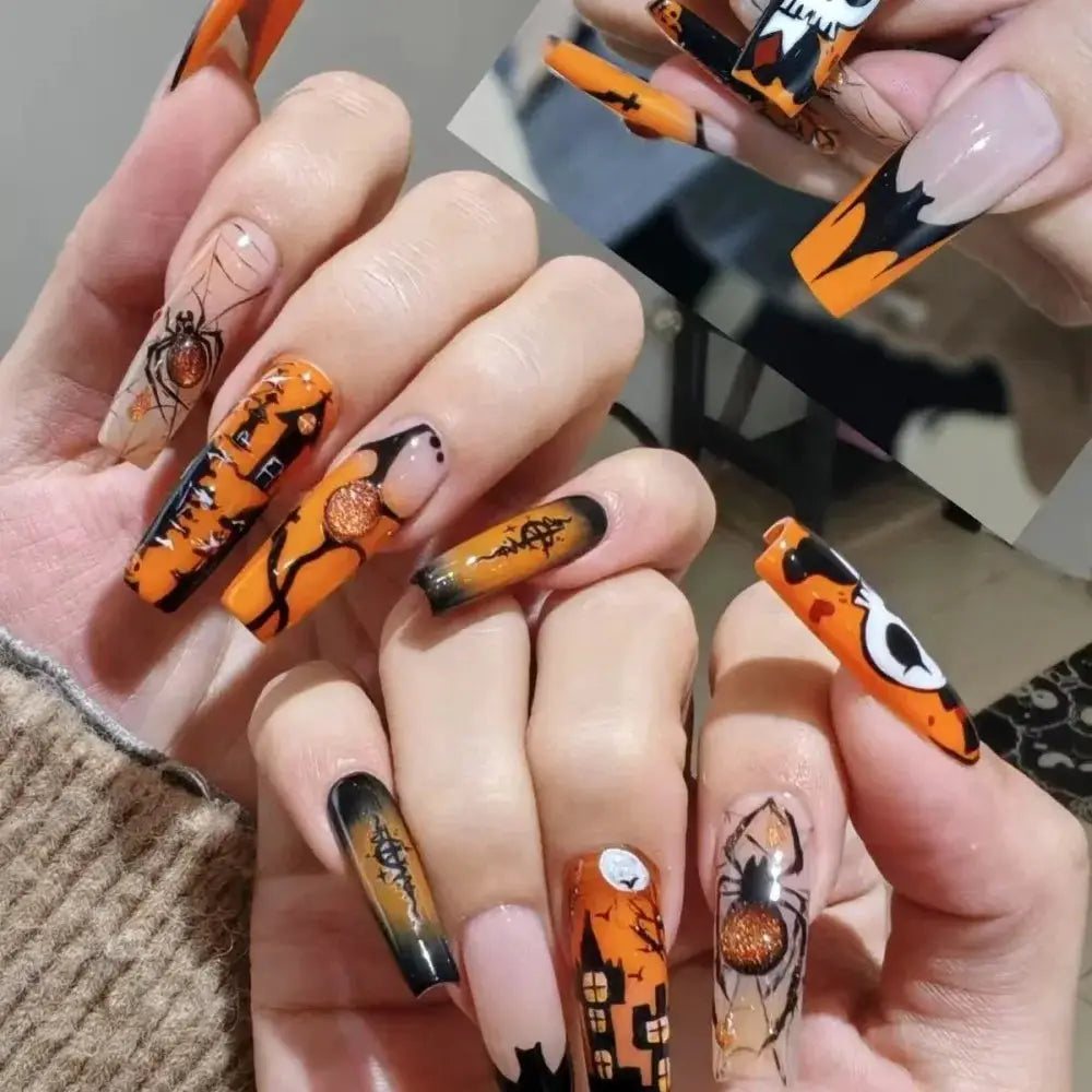 Press On Nails | Short Square | Red French Tip Spider Web | 24 Piece Set