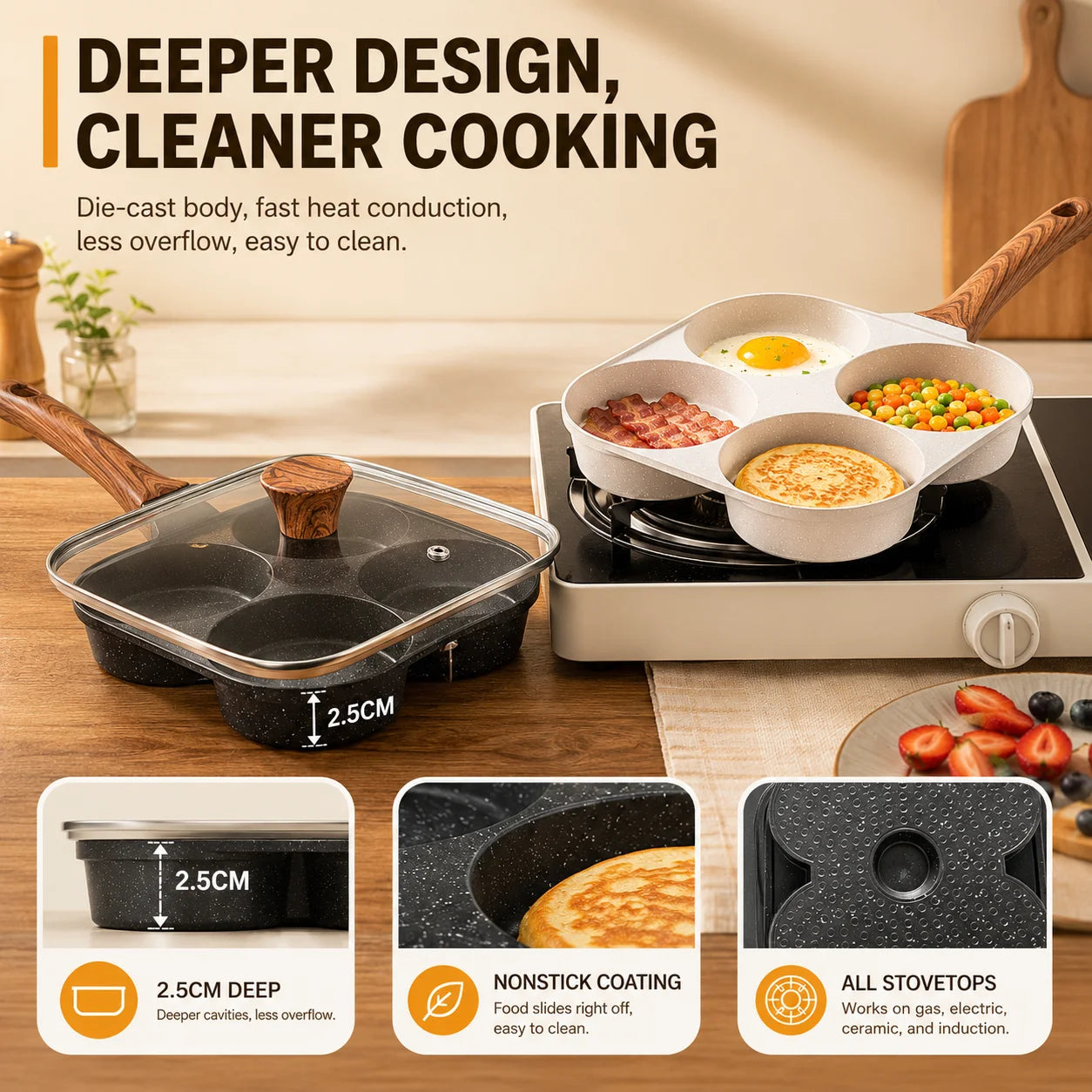Egg Frying Pan | 4-Section Divided | Aluminum Alloy | With Glass Lid