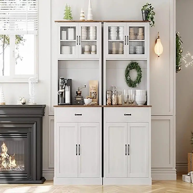 Kitchen Pantry Cabinet, 71 in Tall Kitchen Hutch Storage Cabinet with Microwave Stand, Freestanding Buffet Glass Doors for Dinin from PriceLows™