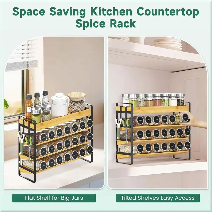 Spice Seasoning Rack Organizer Kitchen Countertop, 4 Tier Bamboo Spice Shelf Holder Storage with 4 Hooks, Wall Mounted Freestand from PriceLows™