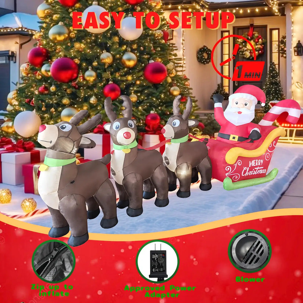 Christmas Inflatable Santa Sleigh | 9.8Ft LED | 3 Reindeer | Garden Lawn